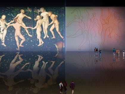 Danza primigenia, versiones de Lucas Cranach el Viejo (1530), Jean Auguste Ingres (1862), Henri Matisse (1910), Edmond Cross (1902), Pablo Picasso (1924).